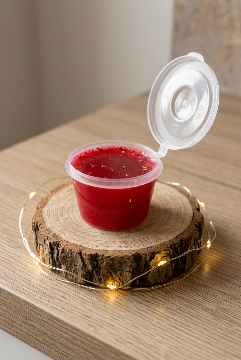  Pot transparent ouvert contenant un fondant rouge aux éclats dorés, posé sur un rondin entouré d’une guirlande lumineuse.