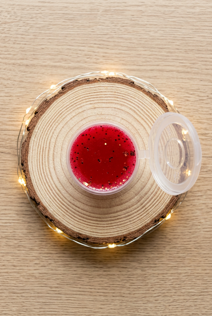Pot de fondant rouge aux éclats dorés vu de dessus, couvercle transparent ouvert à droite, sur un rondin avec guirlande lumineuse.
