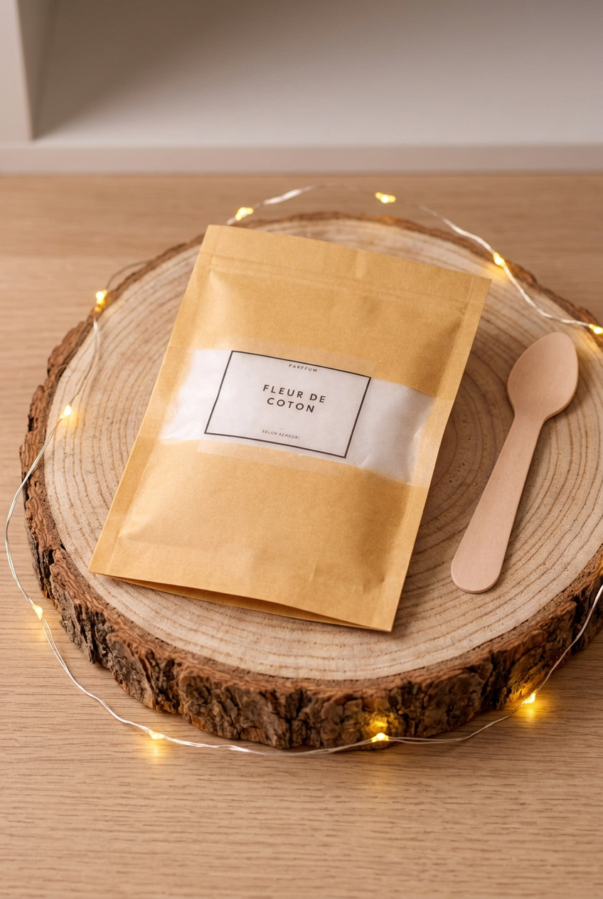 Sachet kraft de poudre d’aspirateur Fleur de Coton avec cuillère en bois, sur un rondin entouré d’une guirlande lumineuse.