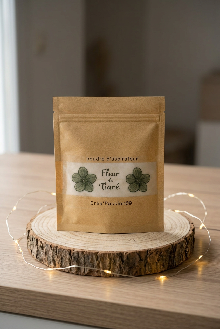 Sachet kraft de poudre d’aspirateur Fleur de Tiaré, étiquette aux fleurs vertes, sur un rondin avec guirlande lumineuse.
