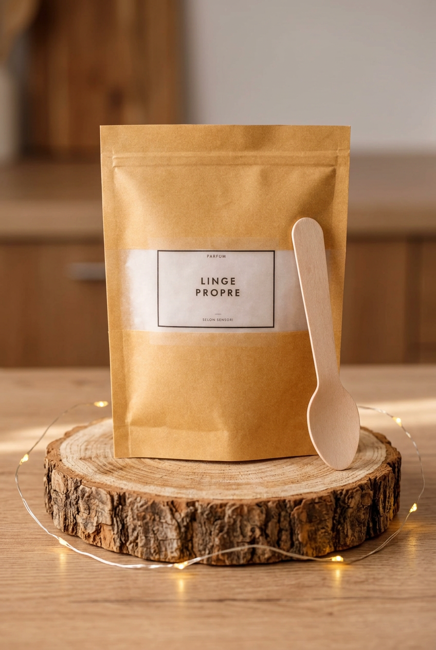 Sachet kraft de poudre d’aspirateur Linge Propre avec petite cuillère en bois, sur un rondin avec guirlande lumineuse.