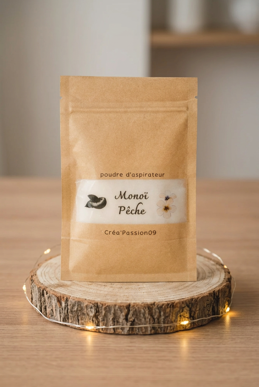 Sachet kraft de poudre d’aspirateur Monoï Pêche, étiquette illustrée, sur un rondin entouré d’une guirlande lumineuse.