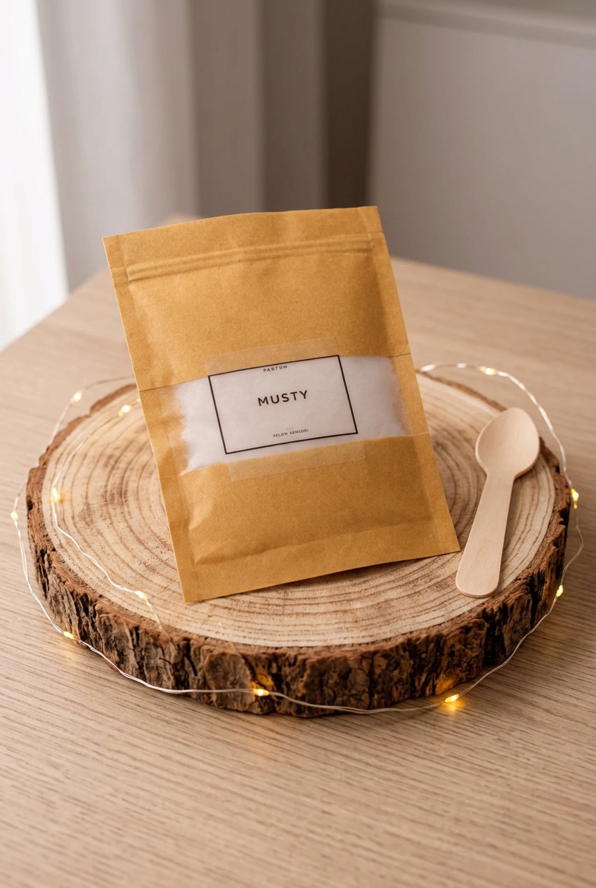 : Sachet kraft de poudre d’aspirateur Musty avec petite cuillère en bois, sur un rondin entouré d’une guirlande lumineuse.