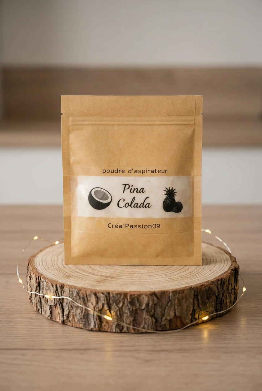 Sachet kraft de poudre d’aspirateur Pina Colada, étiquette coco et ananas, sur un rondin avec guirlande lumineuse.