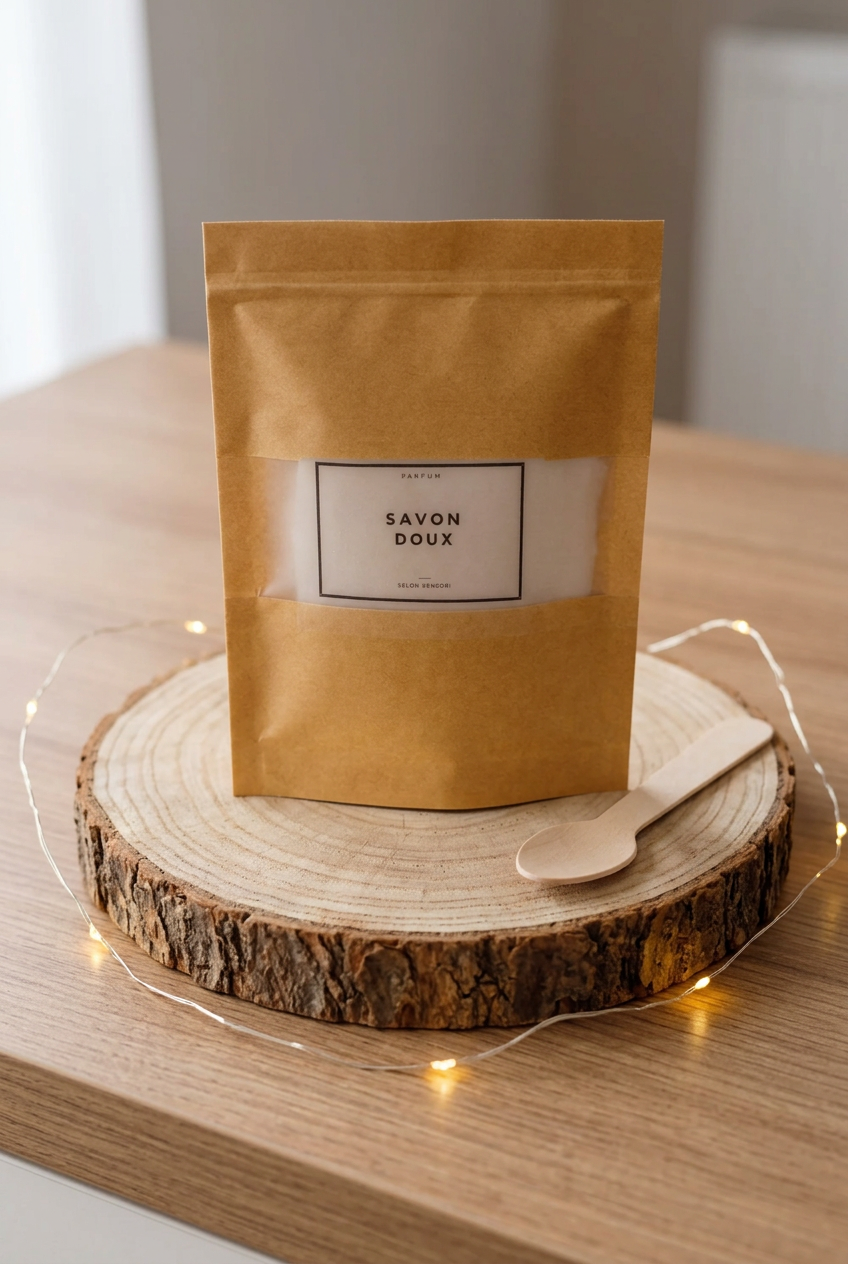 Sachet kraft de poudre d’aspirateur Savon Doux avec petite cuillère en bois, sur un rondin avec guirlande lumineuse.