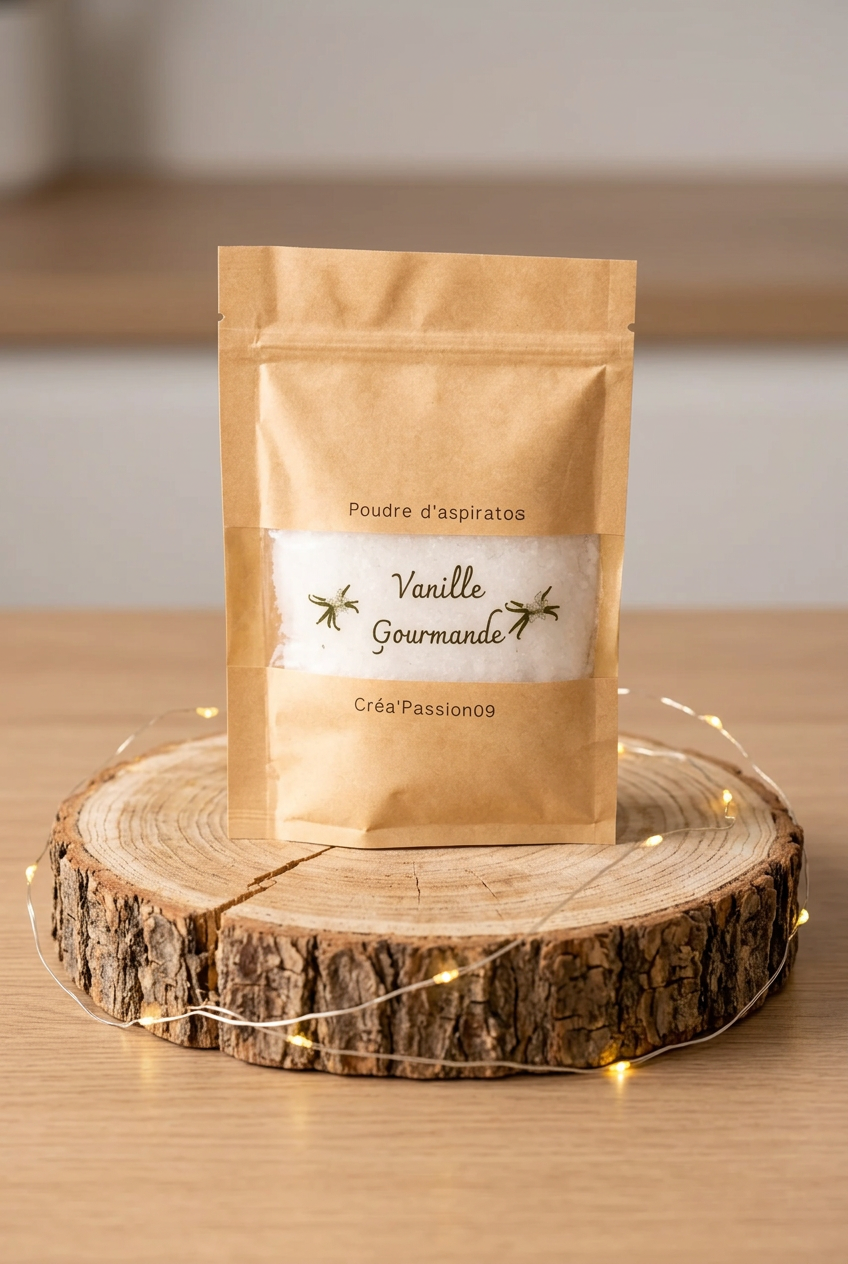 Sachet kraft de poudre d’aspirateur Vanille Gourmande, étiquette illustrée, sur un rondin entouré d’une guirlande lumineuse.