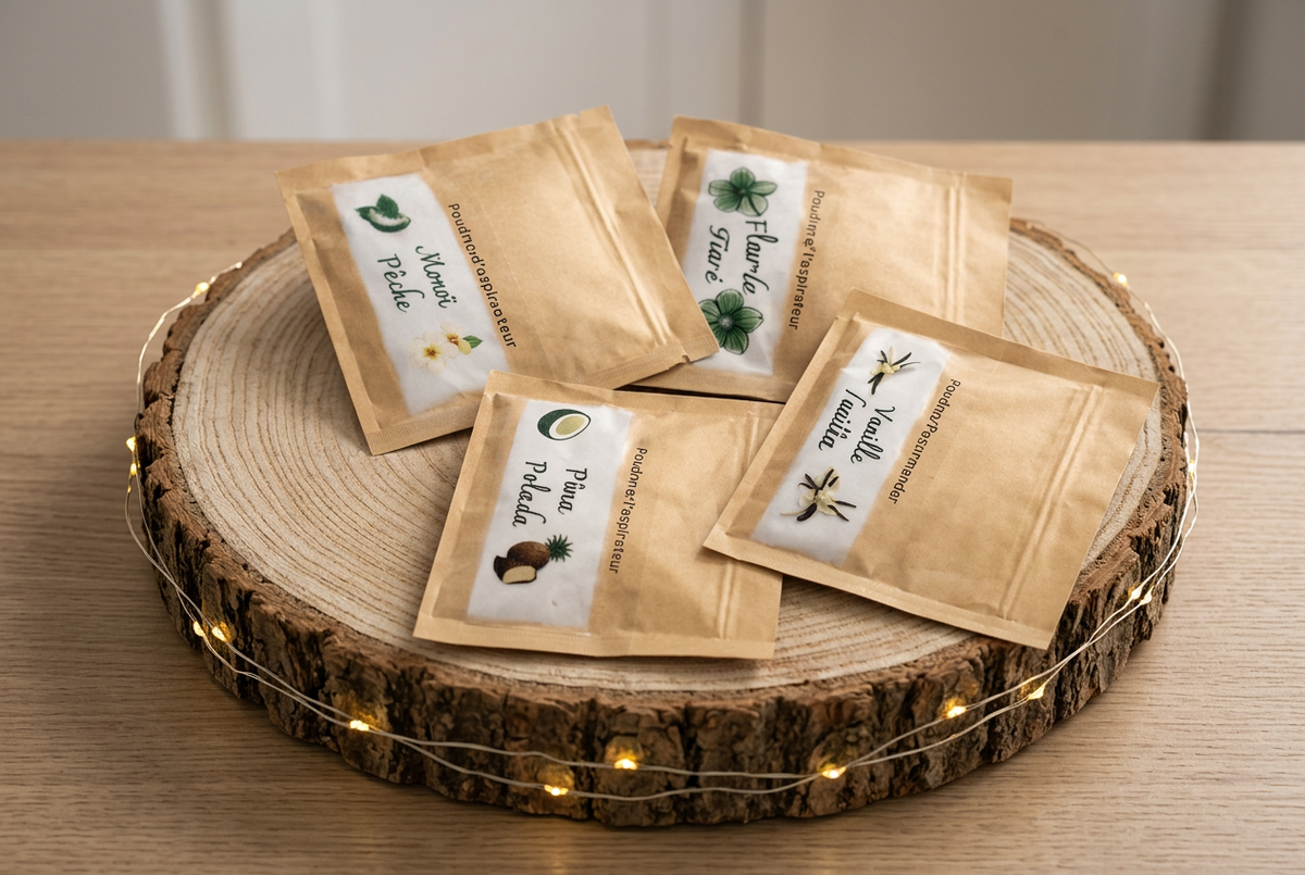 Quatre sachets kraft de poudre parfumée Monoï Pêche, Pina Colada, Fleur de Tiaré et Vanille Gourmande sur un rondin avec guirlande lumineuse.