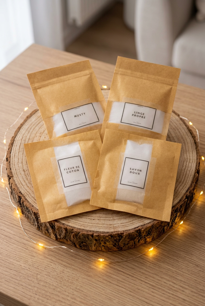  Quatre sachets kraft de poudre d’aspirateur Musty, Linge Propre, Fleur de Coton et Savon Doux sur un rondin avec guirlande lumineuse.