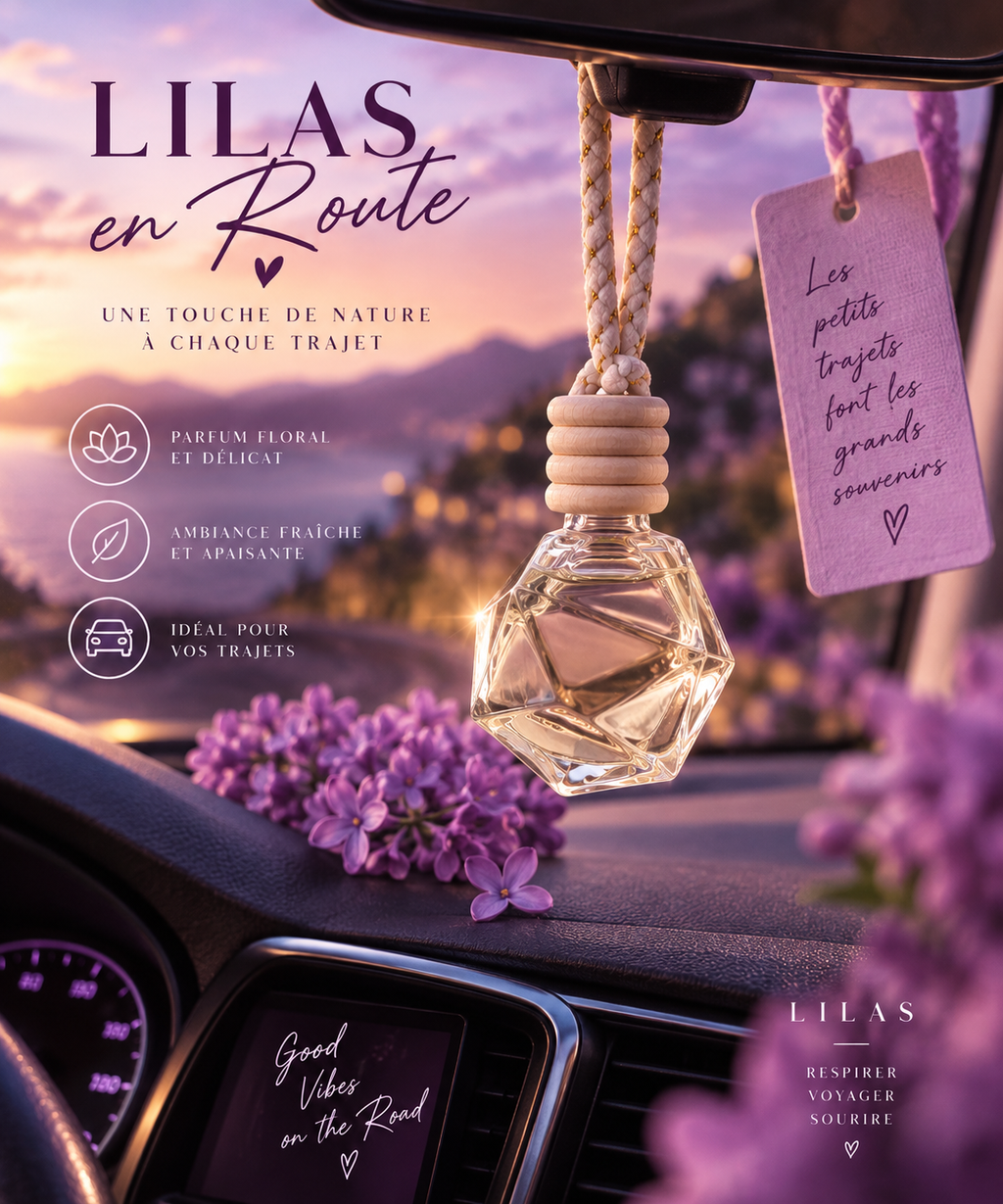 Suspension parfumée pour voiture senteur Lilas, avec un flacon transparent rempli de parfum violet, suspendu dans l’habitacle et entouré de fleurs lilas.