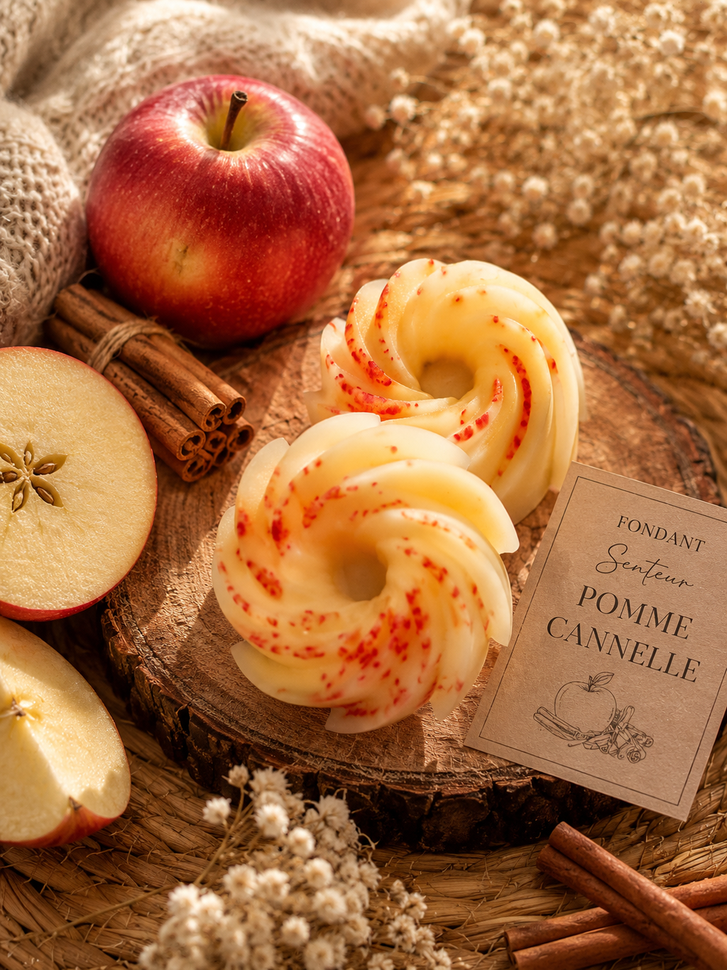  Fondant parfumé Pomme Cannelle en cire naturelle, aux notes fruitées, sucrées et épicées.