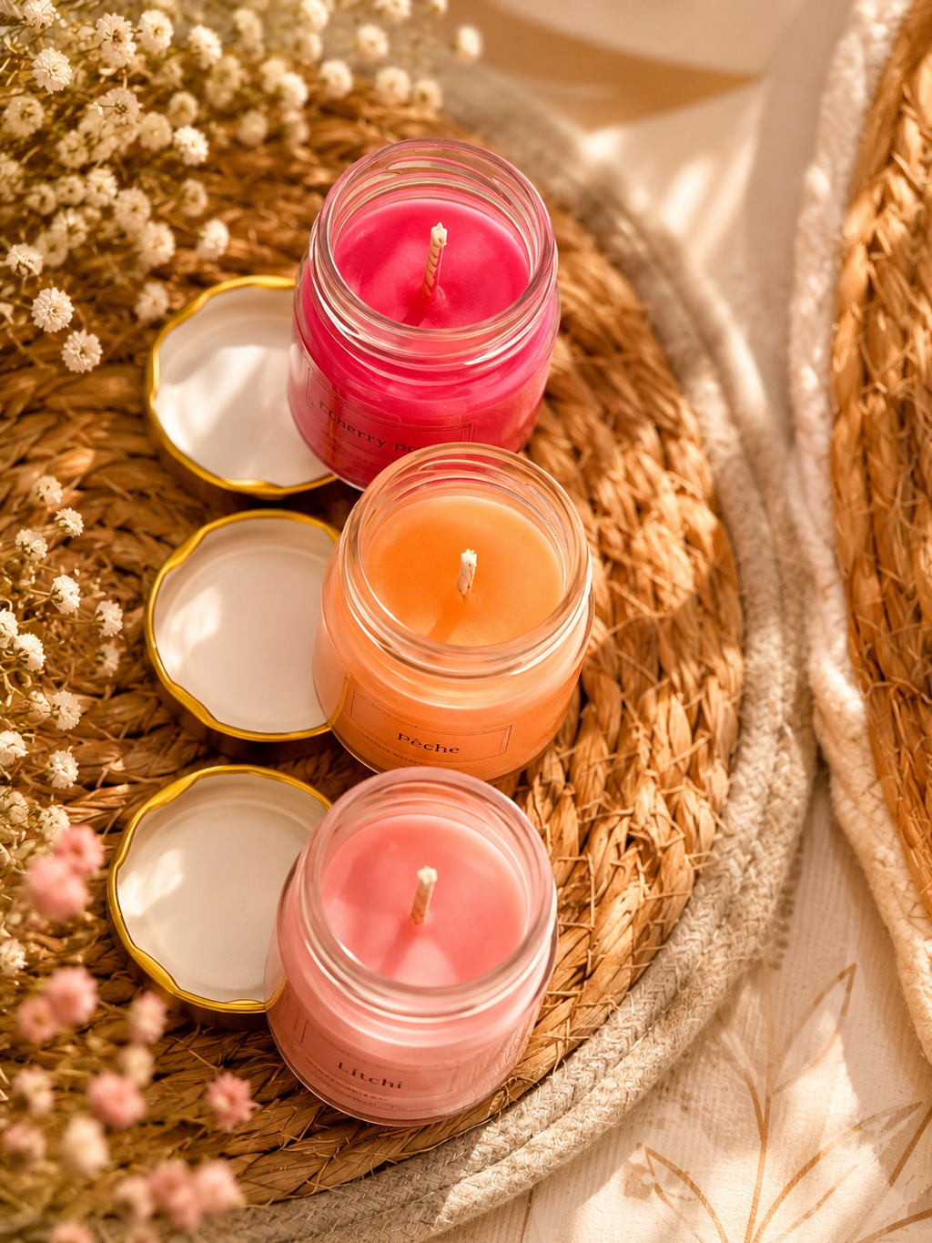  Trio de bougies aux fragrances fruitées, fabriquées à la main en France dans un atelier artisanal.