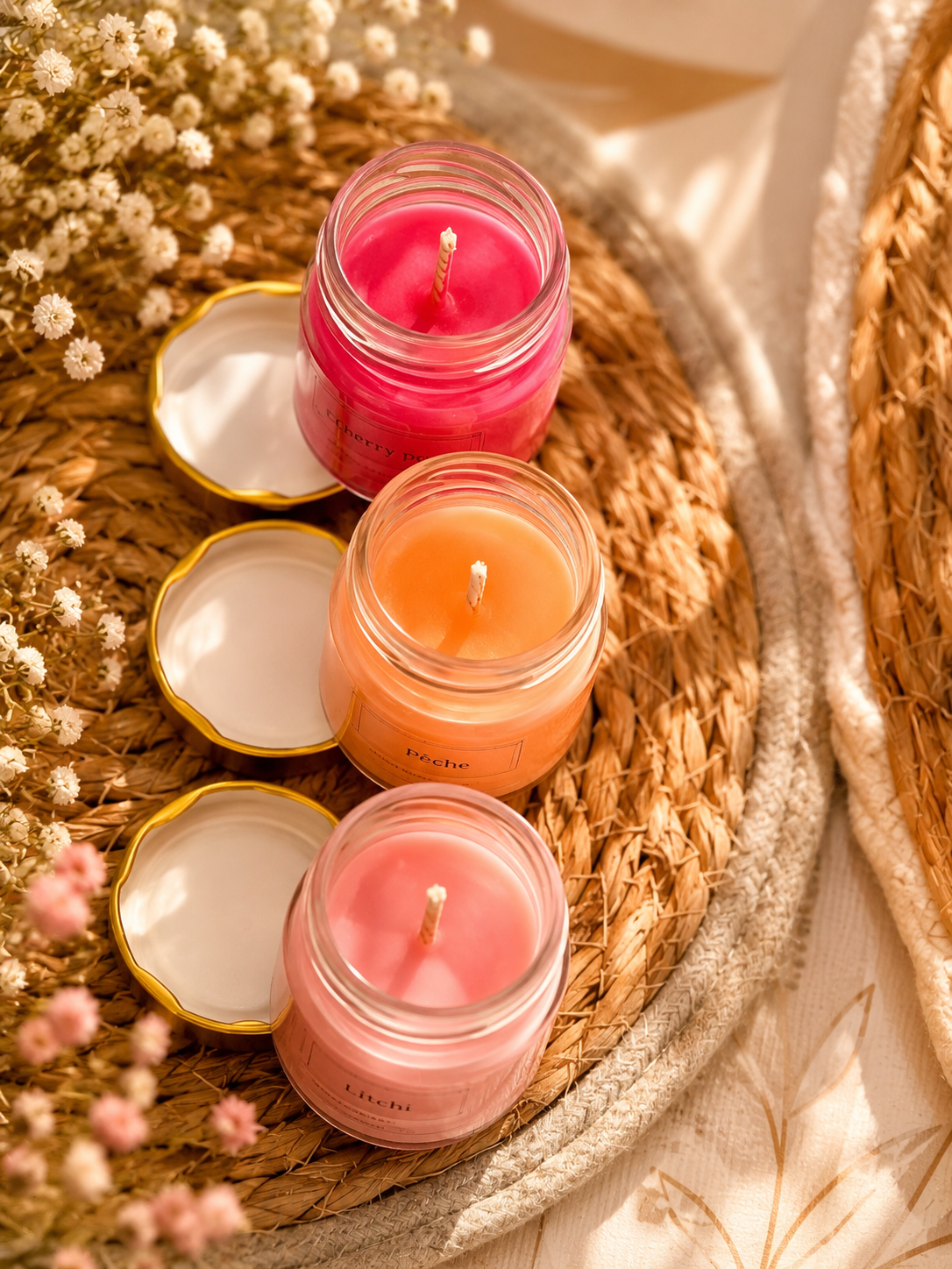  Trio de bougies aux fragrances fruitées, fabriquées à la main en France dans un atelier artisanal.