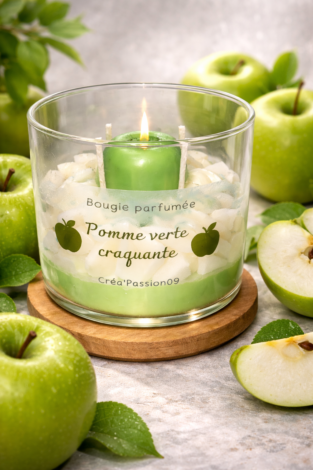 Bougie parfumée pomme verte craquante en cire naturelle artisanale française Créa'Passion09
