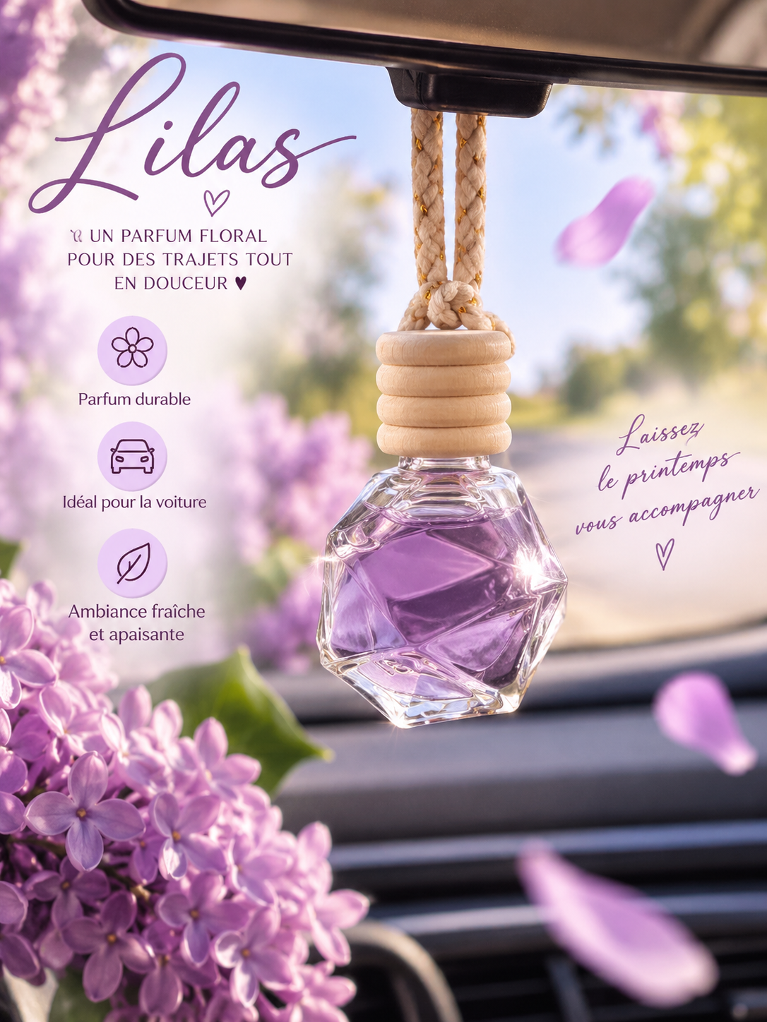 Visuel promotionnel d’une suspension parfumée pour voiture senteur Lilas, avec un flacon transparent suspendu au rétroviseur, entouré de fleurs lilas.