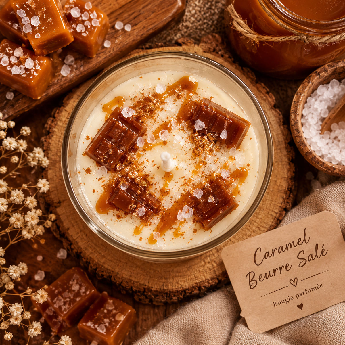  Bougie gourmande au caramel beurre salé, coulée à la main pour créer une ambiance chaleureuse.