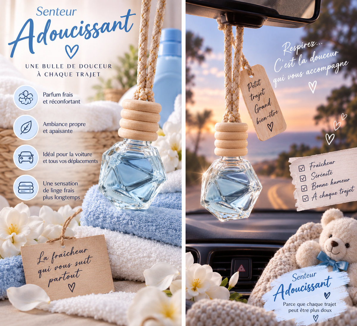 Visuel promotionnel d’une suspension parfumée pour voiture senteur Adoucissant, avec un flacon transparent à capuchon en bois présenté sur du linge blanc puis suspendu dans une voiture, entouré de fleurs blanches.
