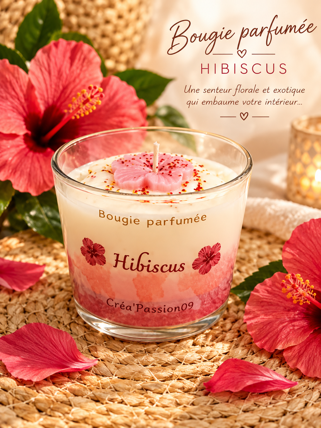 Bougie parfumée Hibiscus artisanale, au parfum floral, solaire et légèrement fruité