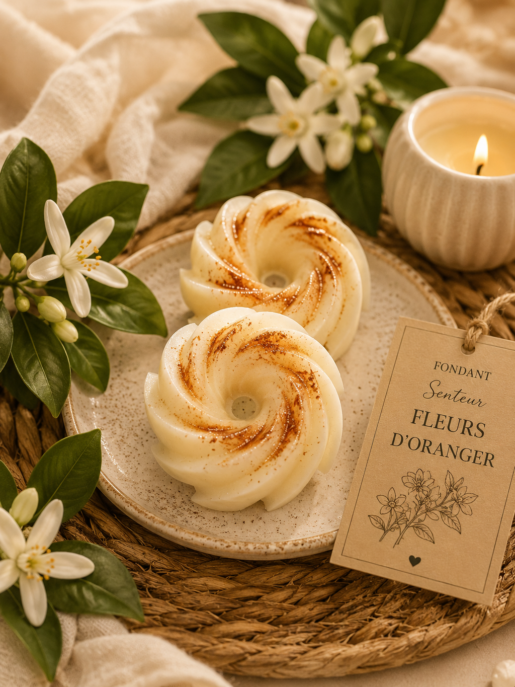  Fondant parfumé Fleur d’Oranger en cire naturelle, aux notes florales, douces et légèrement miellées.