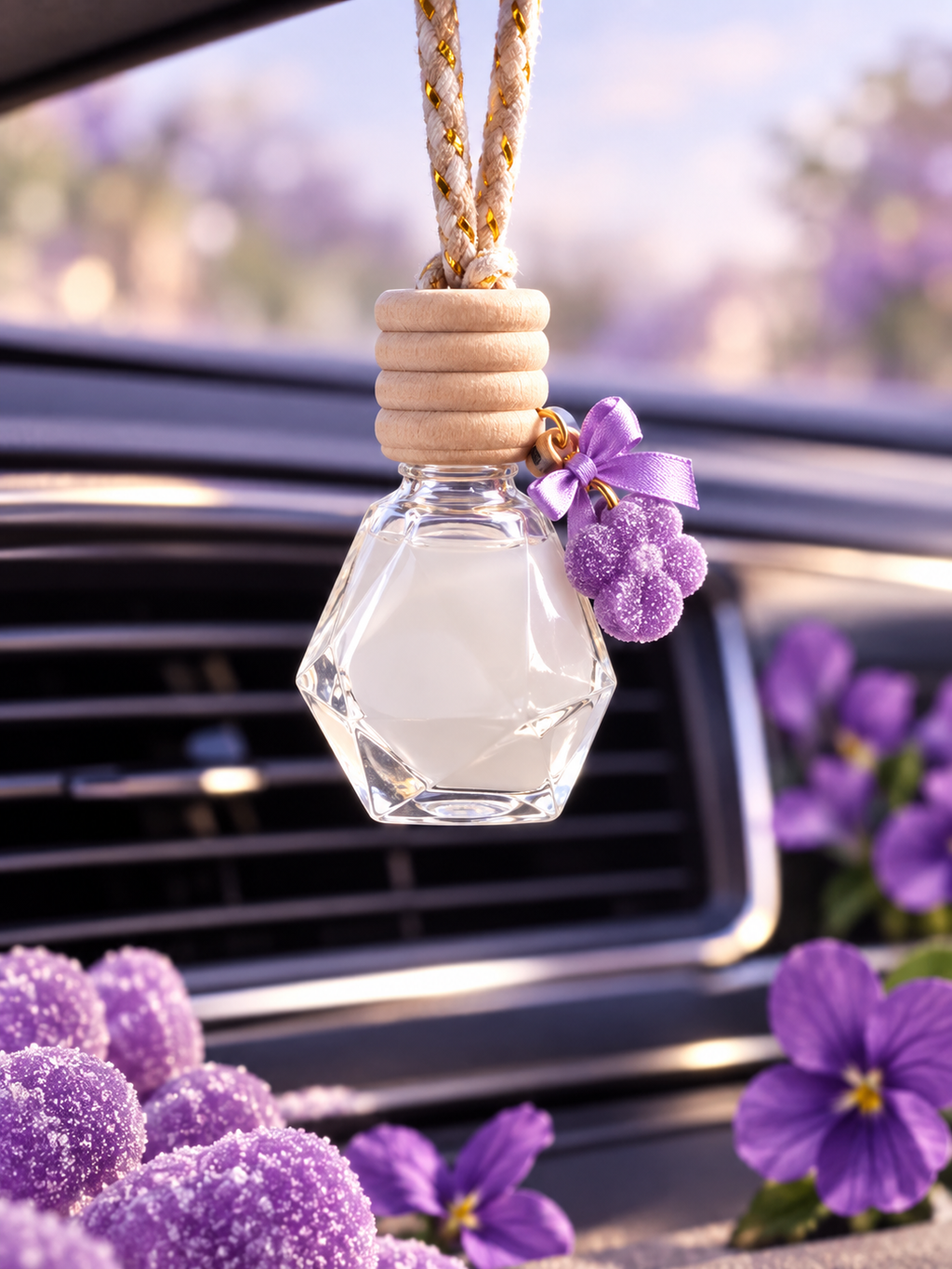 Suspension parfumée pour voiture Bonbon Violette, flacon transparent avec capuchon en bois et accessoire violet, placé devant une bouche d’aération.