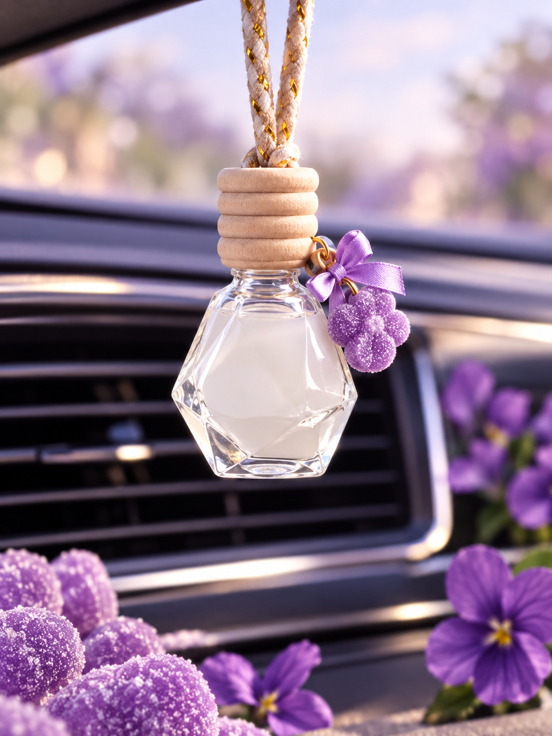 Suspension parfumée pour voiture Bonbon Violette, flacon transparent avec capuchon en bois et accessoire violet, placé devant une bouche d’aération.