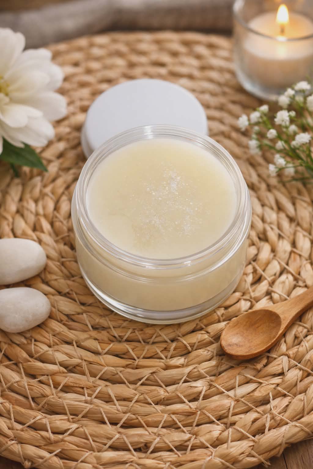 « Fondant parfumé Fleur de Tiaré en cire végétale artisanale dans son pot en verre - Vue principale - Créa’Passion09 »