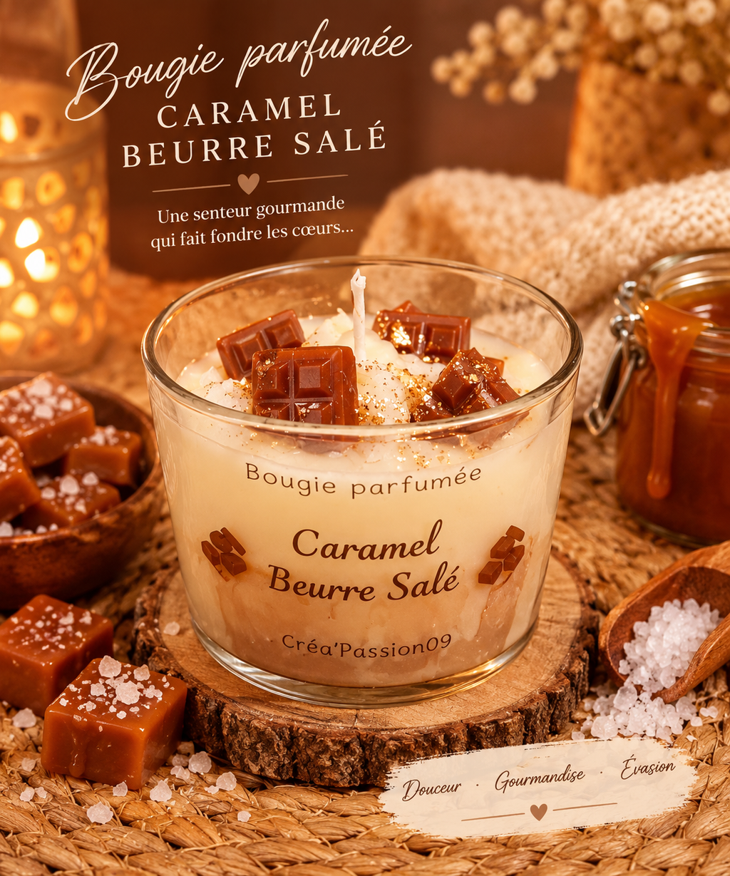  Bougie parfumée Caramel beurre salé artisanale, au parfum gourmand de caramel fondant et de beurre salé.