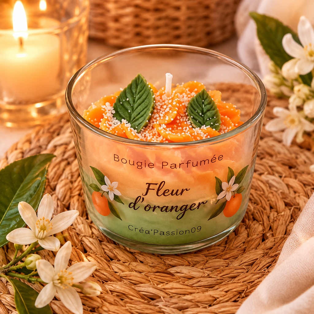  Bougie parfumée à la fleur d’oranger avec mèche en coton naturel, fabriquée à la main en France.