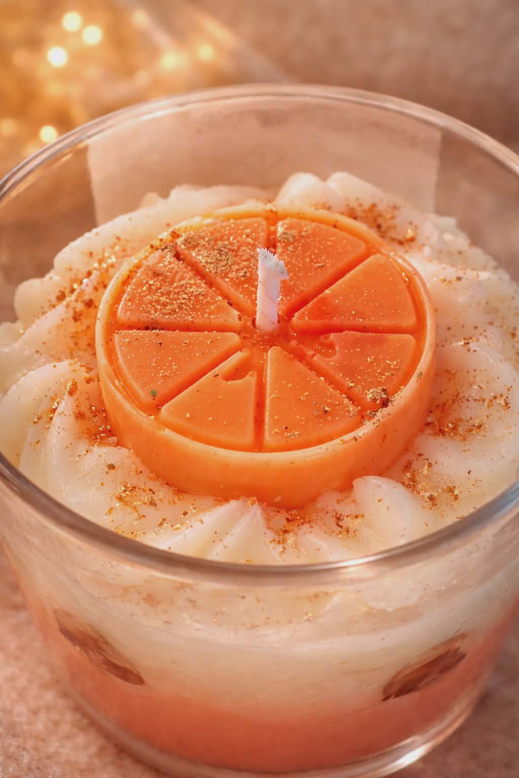 Gros plan sur la bougie artisanale Éclat d’agrume, décor tranche d’orange en cire saupoudrée de paillettes dorées, cire végétale texturée - Créa’Passion09