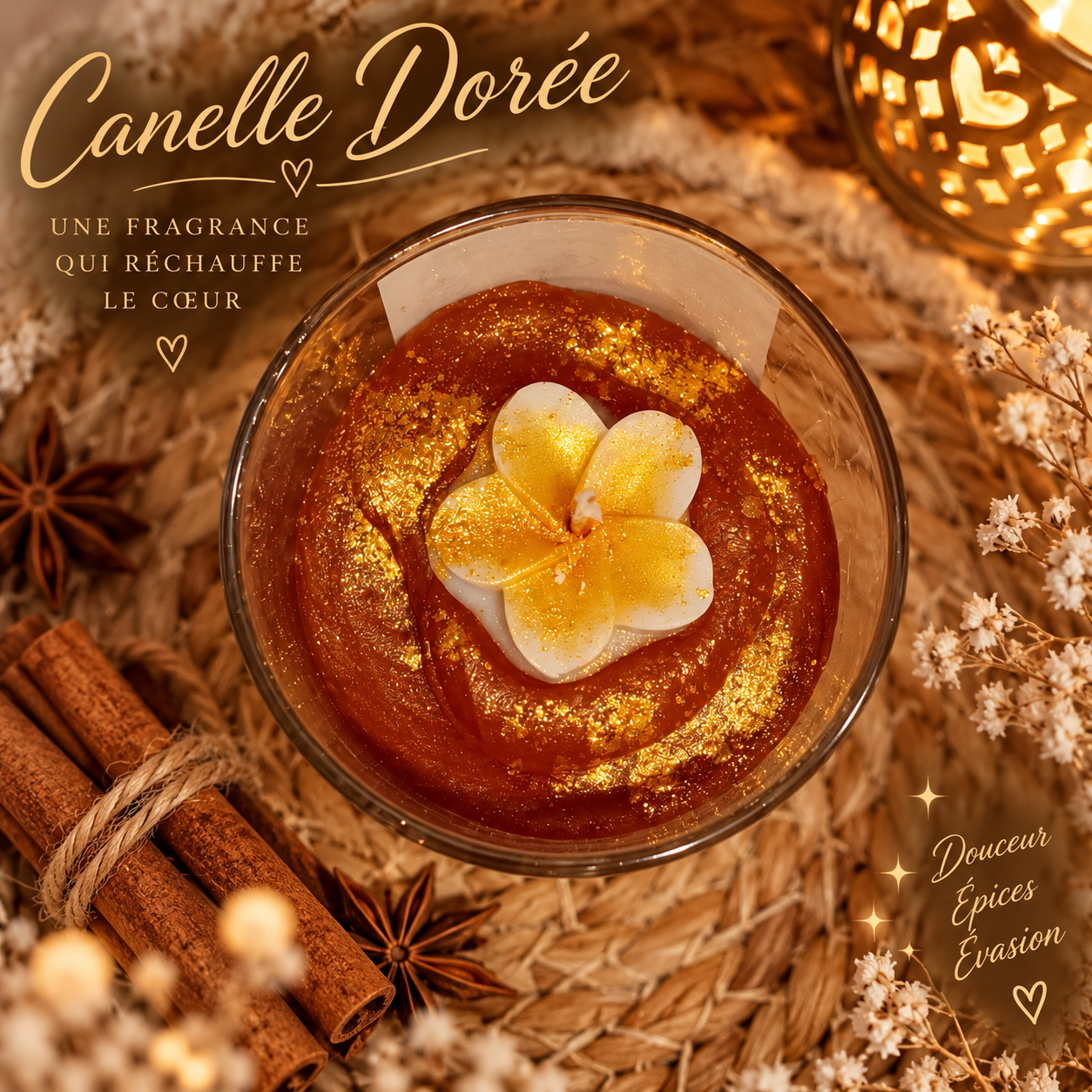  Bougie artisanale à la cannelle, coulée à la main pour créer une ambiance chaleureuse et réconfortante.