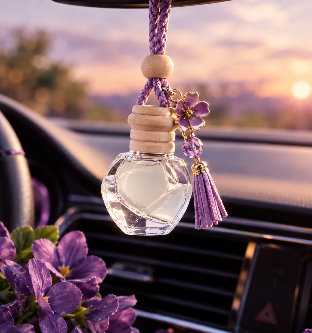 Suspension parfumée pour voiture Bonbon Violette, flacon transparent avec capuchon en bois, pompon violet et fleur violette, accroché dans une voiture.