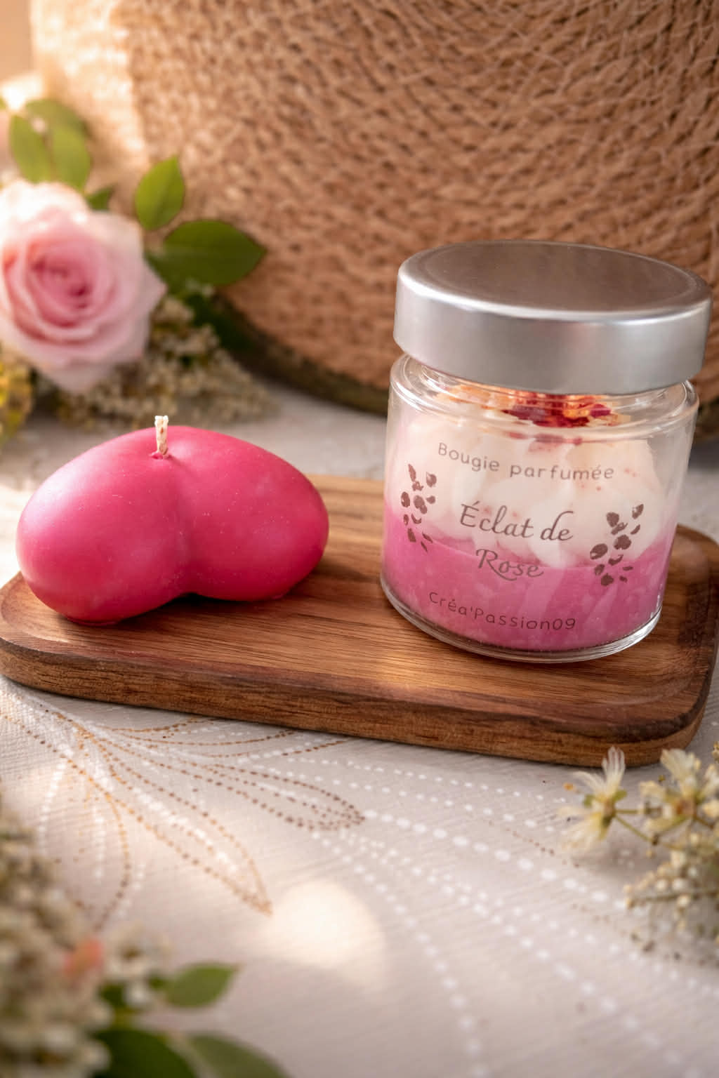 Coffret Duo Floral & Gourmand – Bougie Éclat de Rose & Bougie Cœur Vanille Gourmande