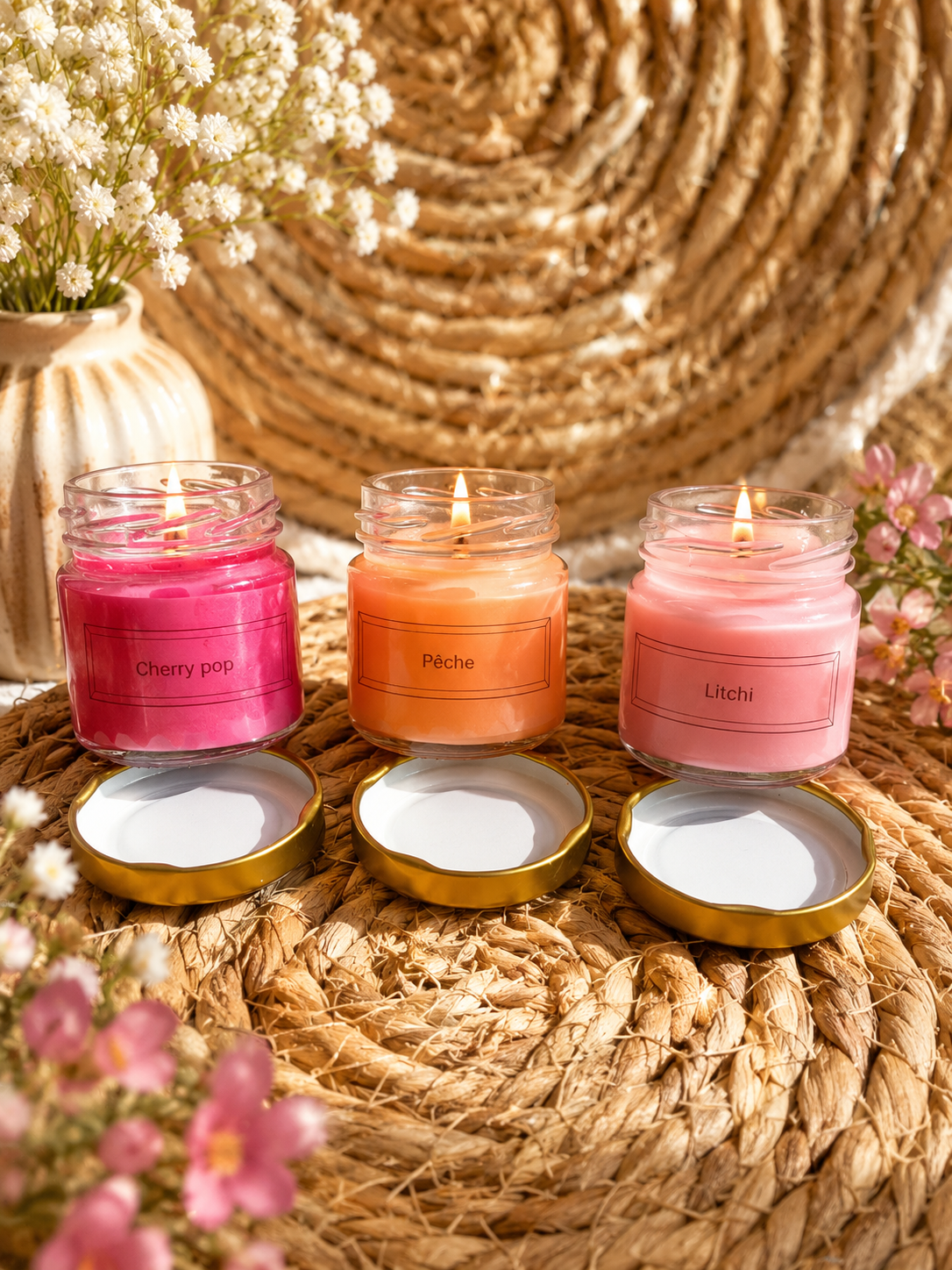  Coffret Trio Fruité composé de trois bougies parfumées artisanales en cire naturelle.