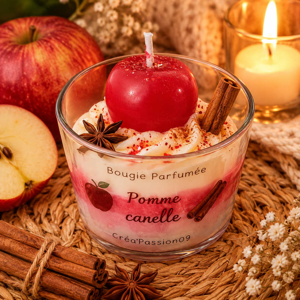Bougie artisanale Pomme Cannelle en cire naturelle, parfumée à la pomme mûre et à la cannelle épicée.