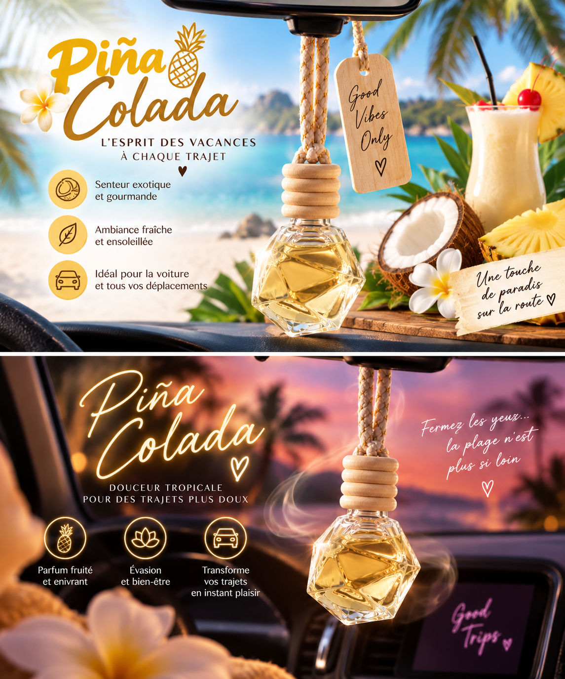 Suspension parfumée pour voiture senteur Pina Colada, flacon transparent à capuchon en bois, parfum exotique associant l’ananas et la noix de coco.