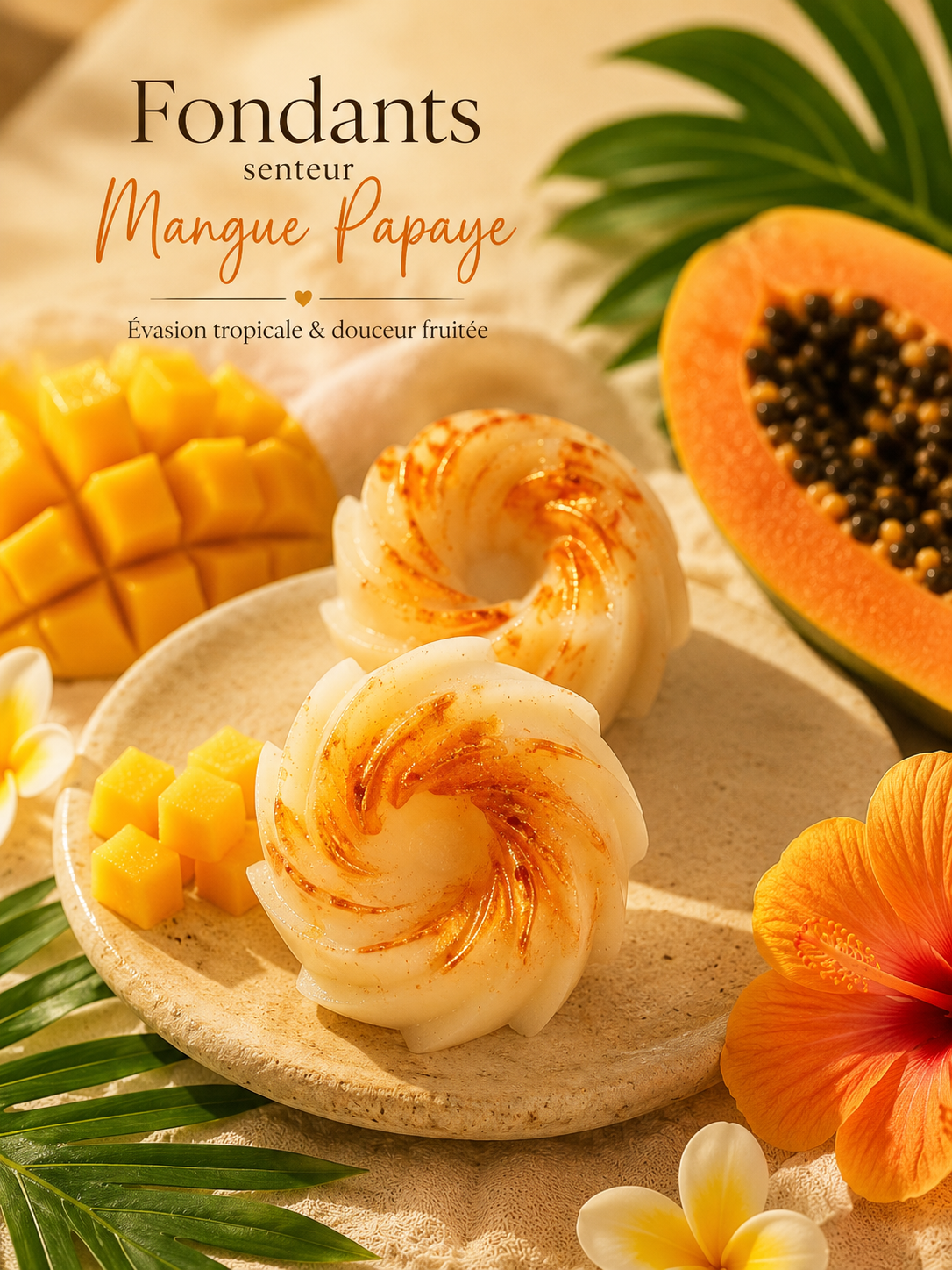 : Fondant parfumé Mangue Papaye aux notes fruitées, juteuses et tropicales, fabriqué artisanalement en France.