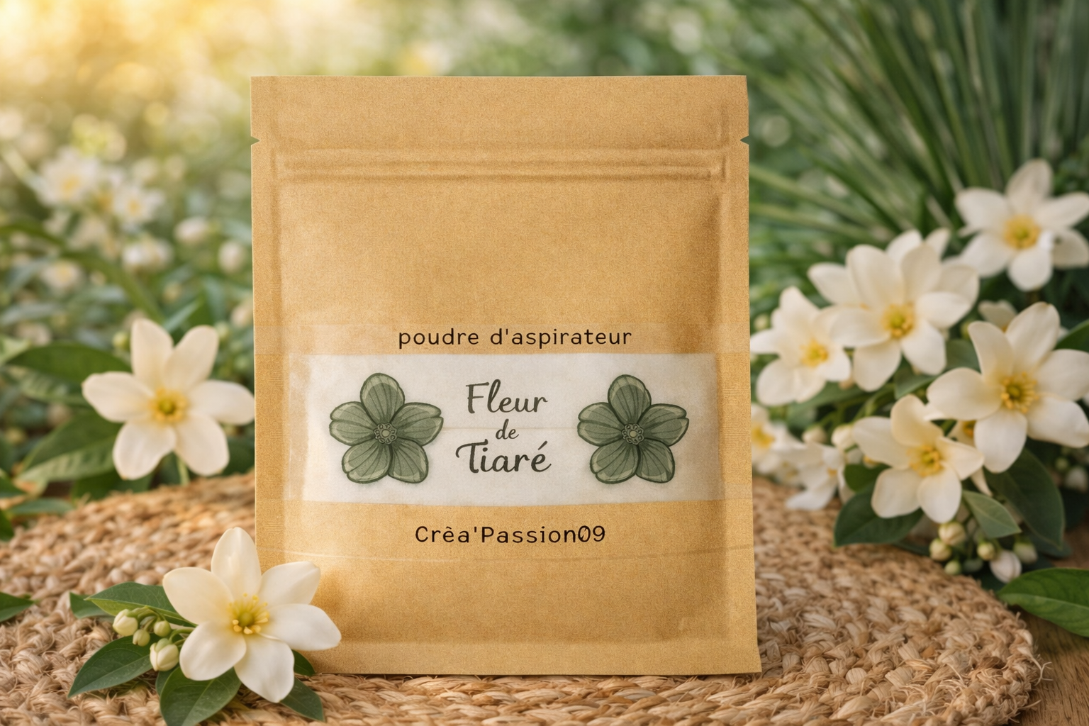 « Détail poudre parfumée Créa’Passion09, fabrication artisanale française, formule 100 % naturelle »