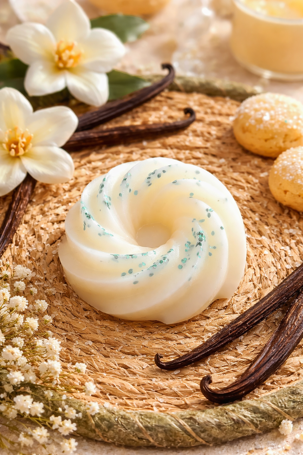 « Détail du fondant parfumé vanille gourmande - Texture cire naturelle premium »
