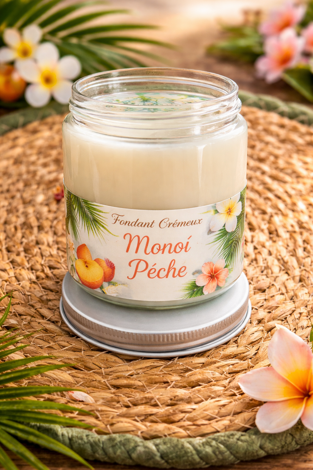 « Fondant parfumé Monoï Pêche en cire végétale artisanale dans son pot en plastique, entouré de fleurs tropicales et feuilles de palmier - Créa’Passion09 »
