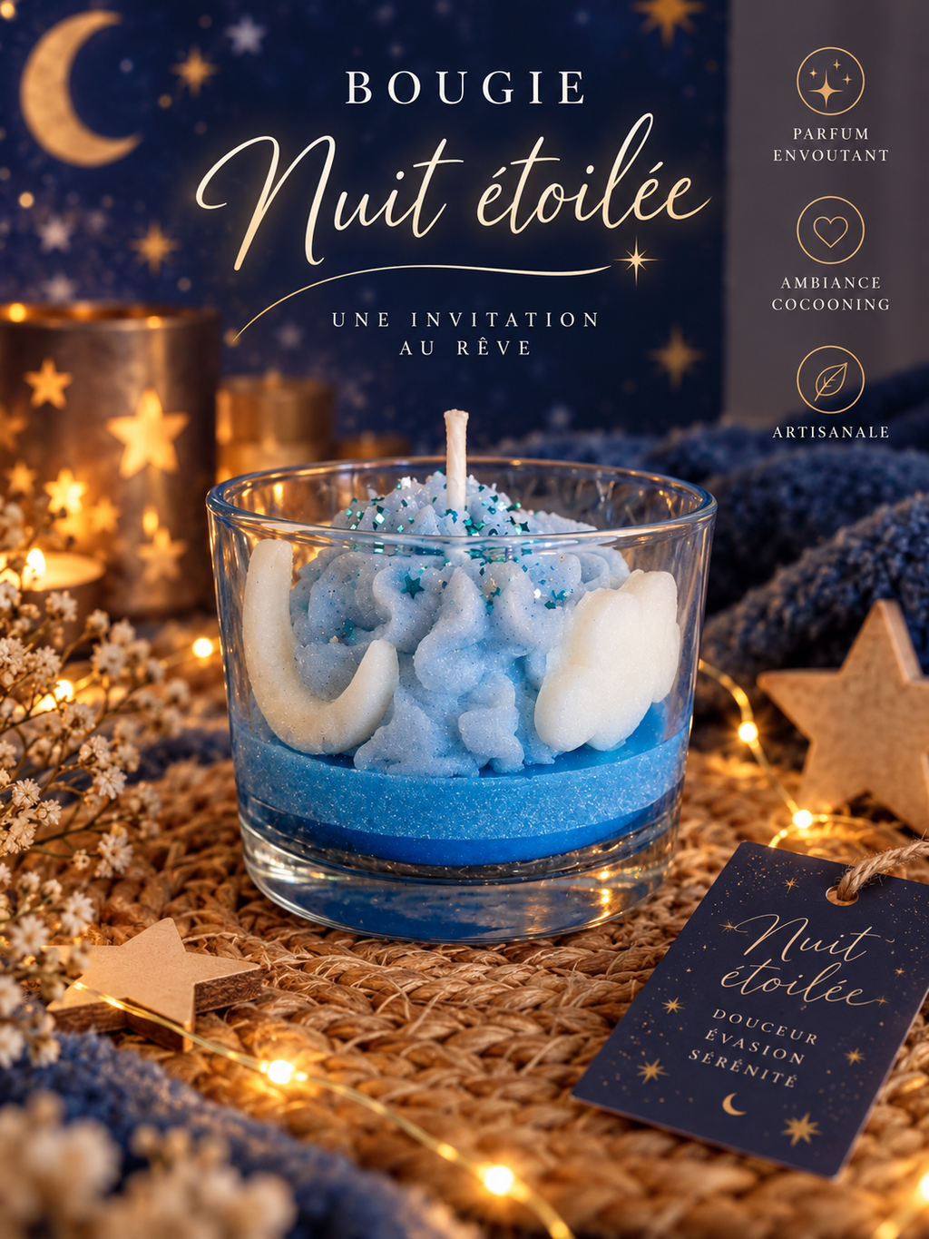 Bougie artisanale Nuit Étoilée dans un verre transparent, cire bleue et blanche avec mèche en coton et paillettes bleues, dans une ambiance cocooning.