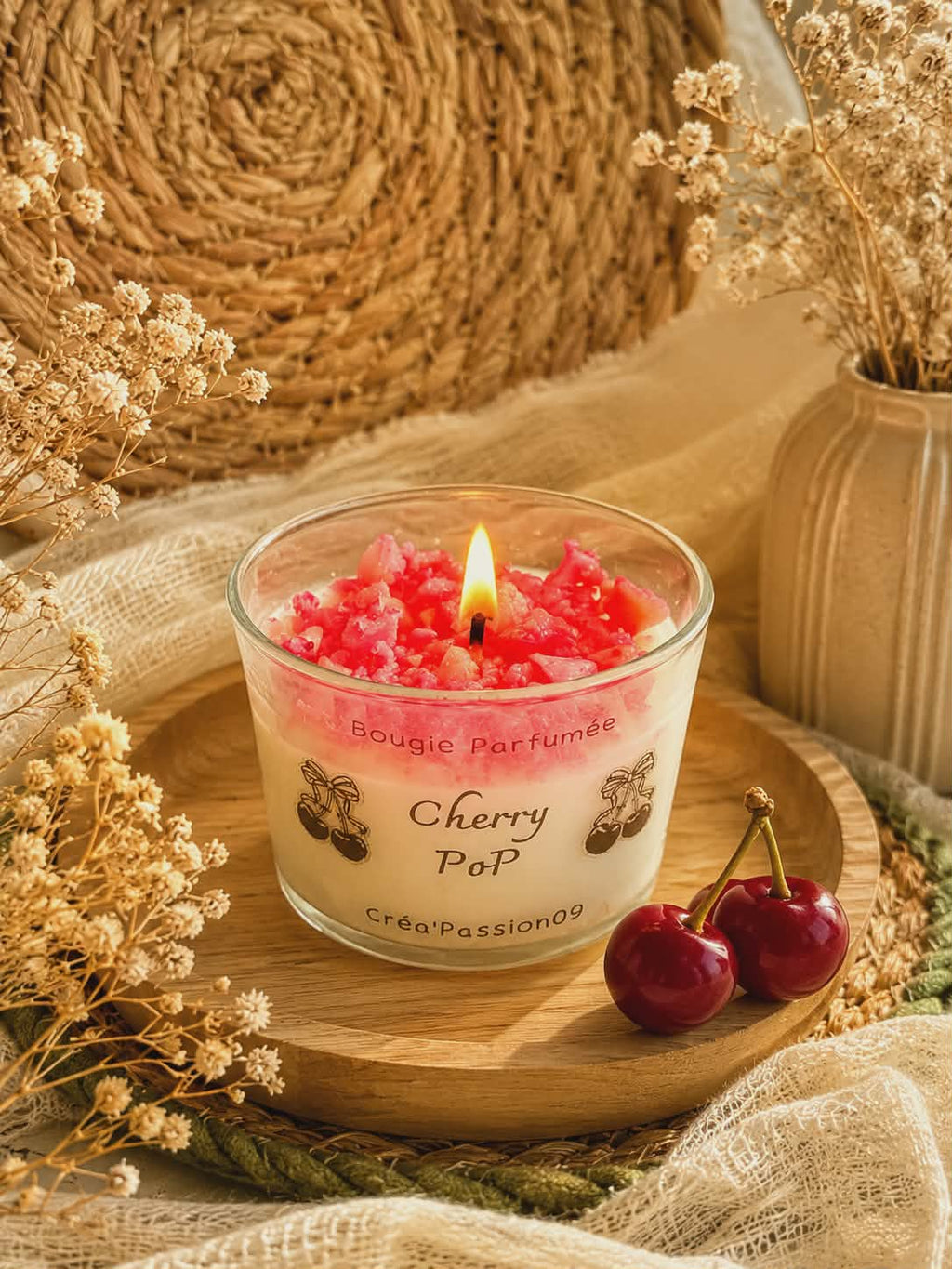 Bougie Parfumée Cherry PoP - Cire Végétale Naturelle