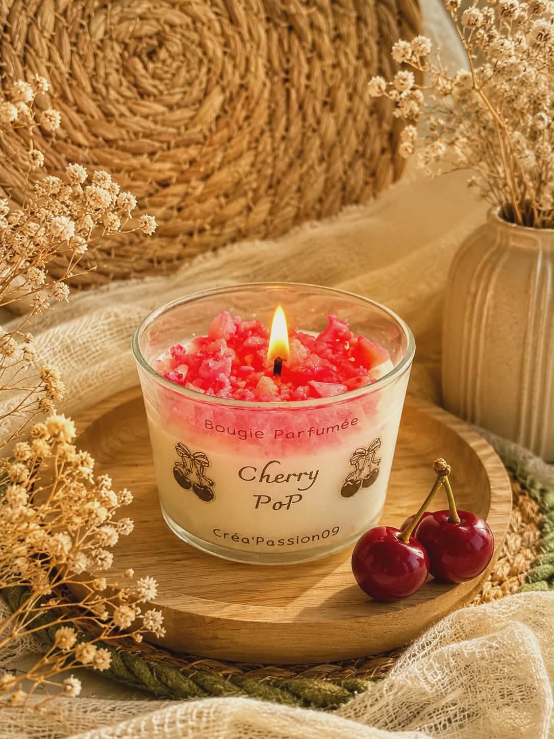 Bougie Parfumée Cherry PoP - Cire Végétale Naturelle
