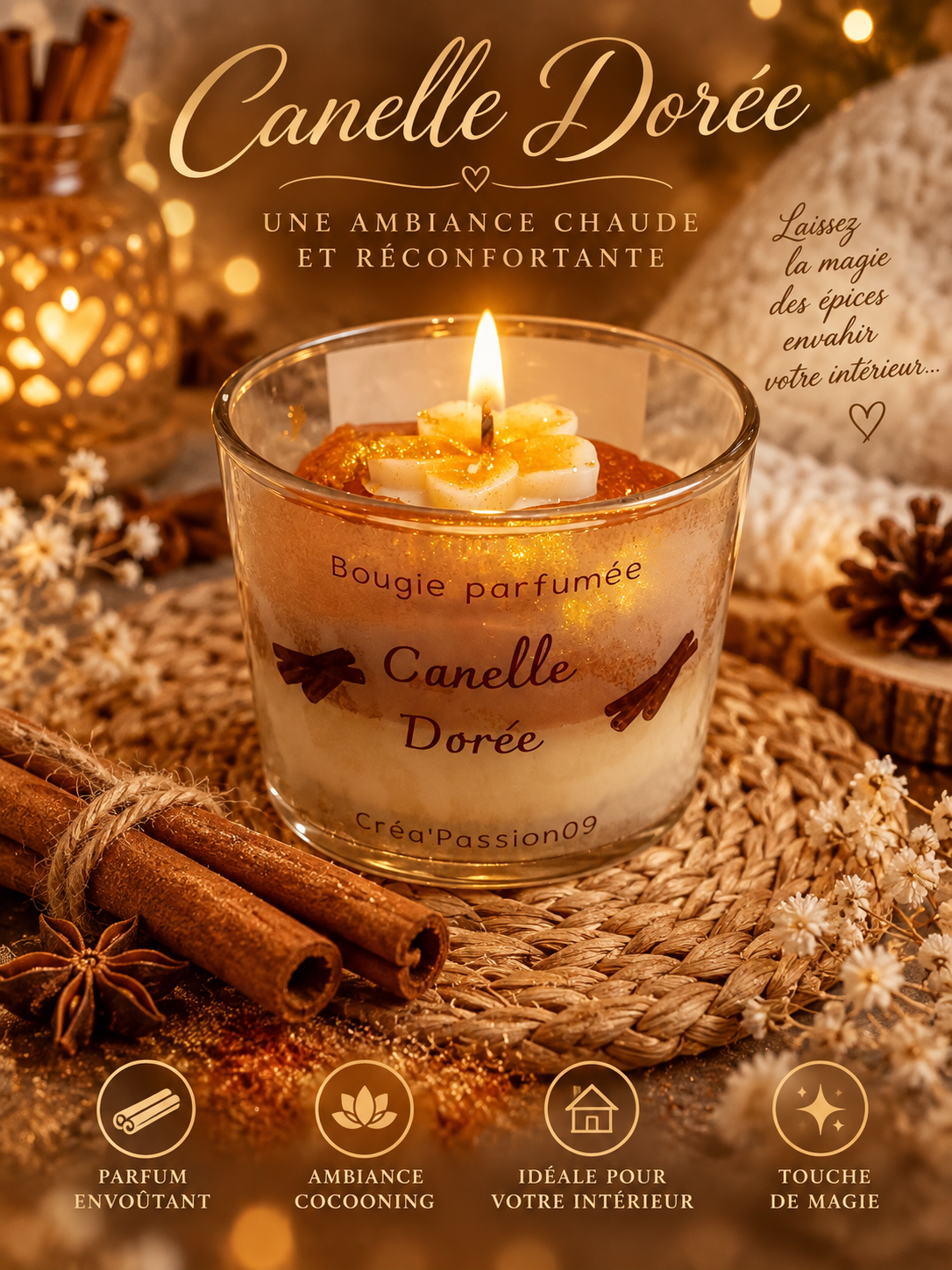 Bougie parfumée Cannelle dorée artisanale, au parfum épicé, chaud et enveloppant.