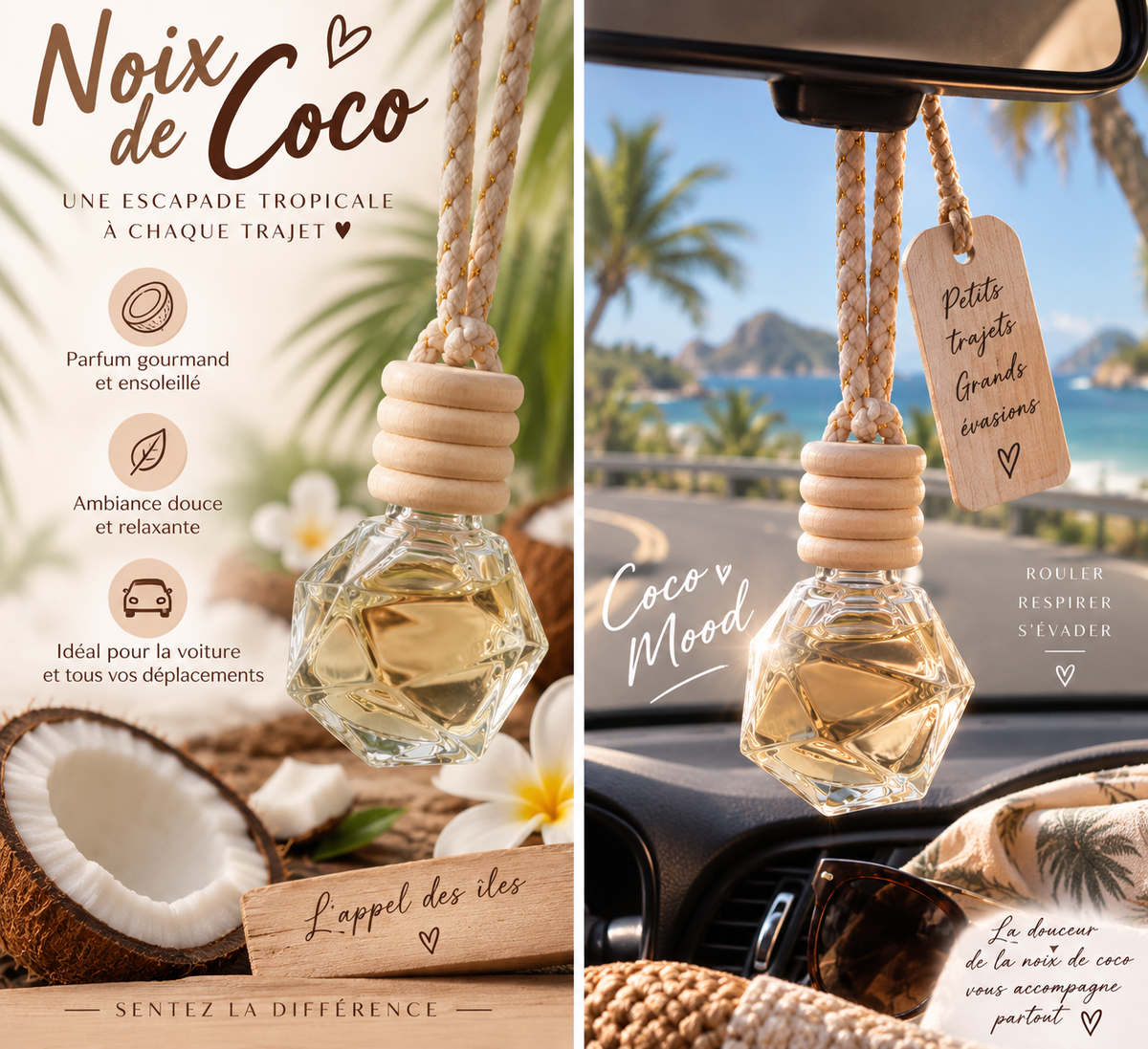 Visuel promotionnel d’une suspension parfumée pour voiture senteur Noix de Coco, avec un flacon transparent à capuchon en bois, présenté dans un décor tropical puis suspendu dans une voiture.