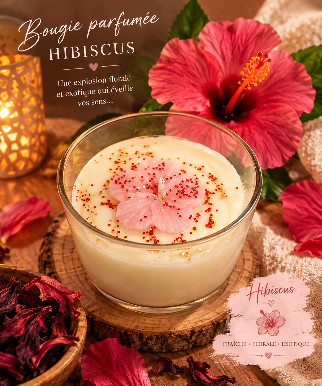  Bougie fleurie à l’hibiscus, coulée à la main pour créer une ambiance douce et chaleureuse.