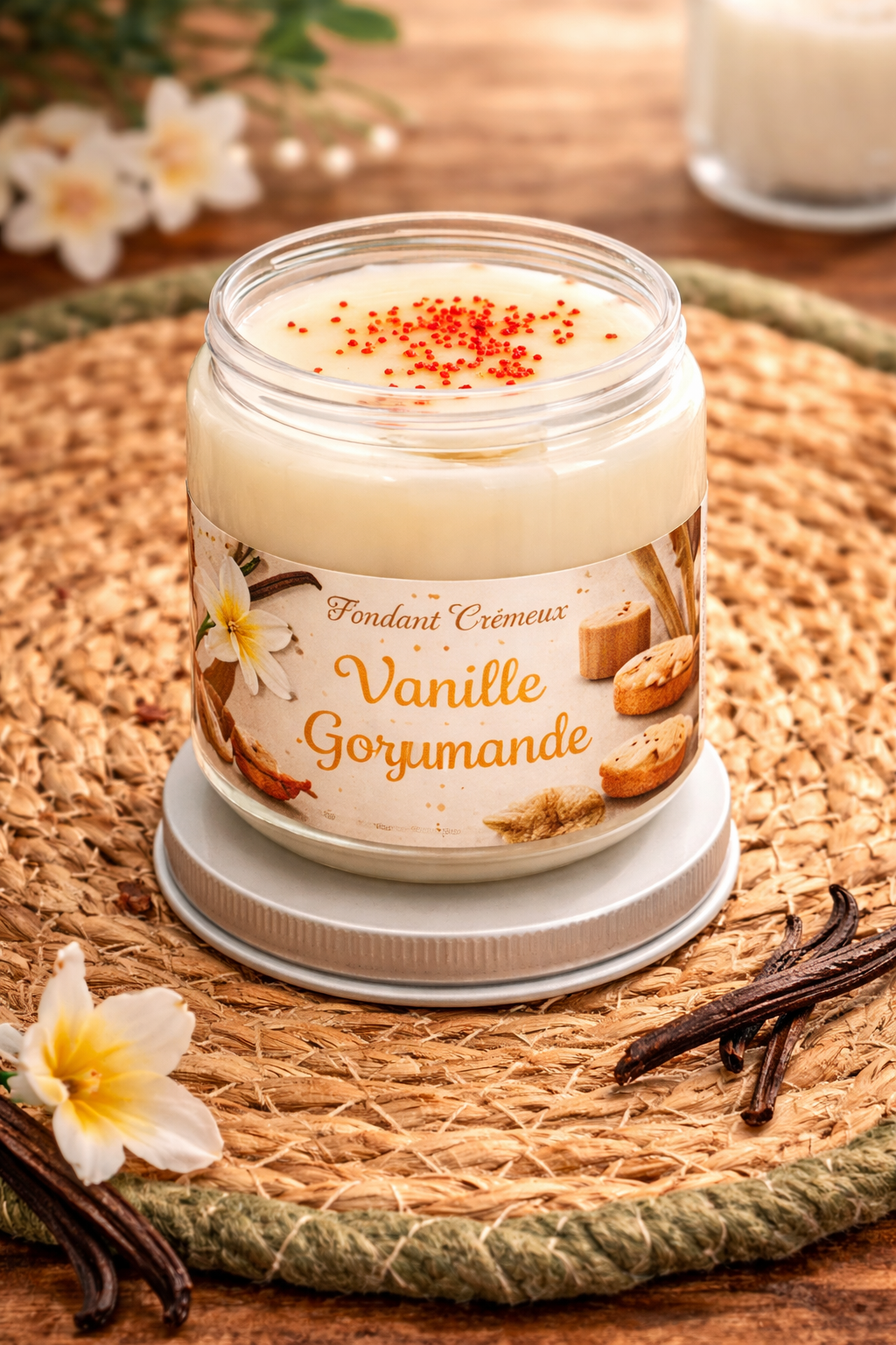 « Fondant parfumé Vanille Gourmande en cire végétale artisanale dans son pot en verre - Vue principale - Créa’Passion09 »