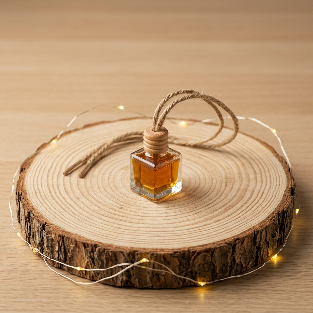  Suspension Cannelle Dorée en verre carré contenant un liquide ambré, avec bouchon en bois et cordon naturel, sur un rondin entouré d’une guirlande lumineuse.