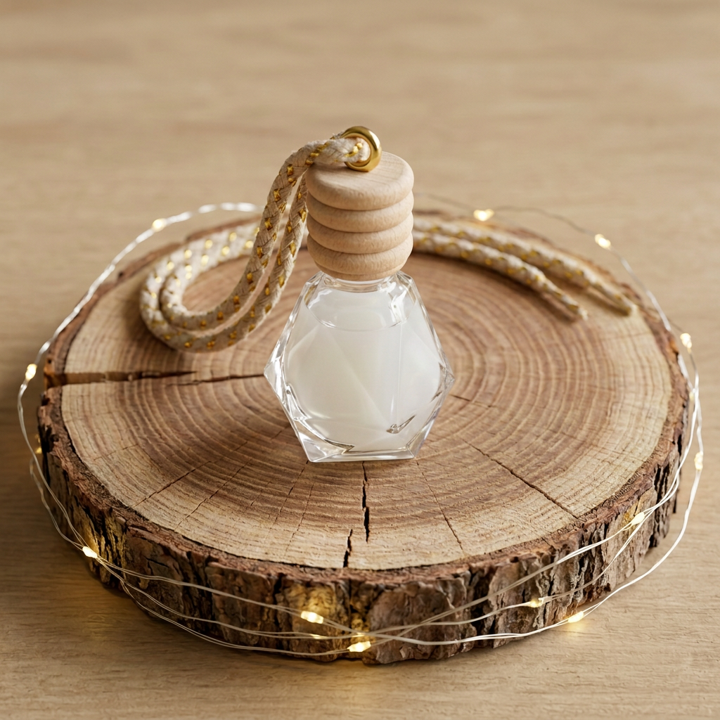  Suspension parfumée en verre facetté à bouchon en bois et cordon beige doré, sur un rondin entouré d’une petite guirlande lumineuse.