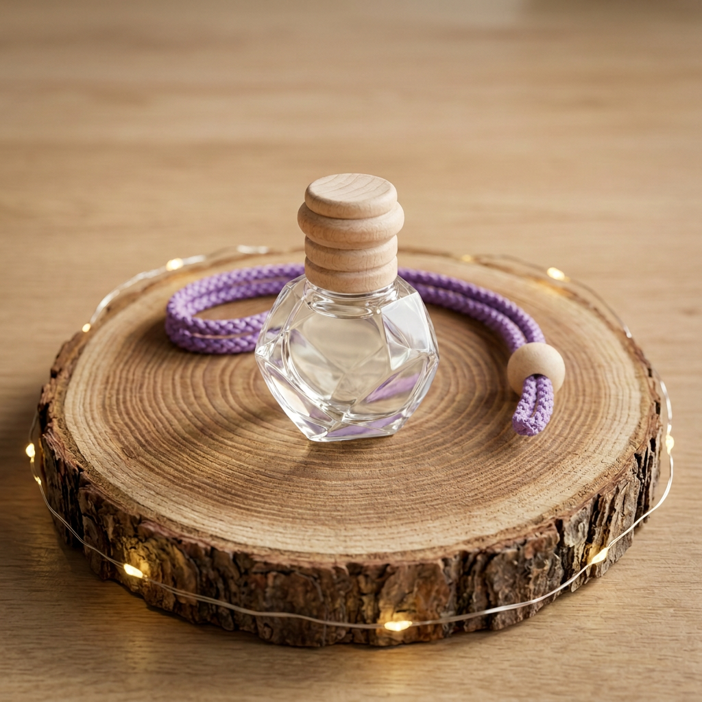 Suspension parfumée en verre facetté à bouchon en bois, avec cordon violet et perle en bois, sur un rondin entouré d’une guirlande lumineuse.