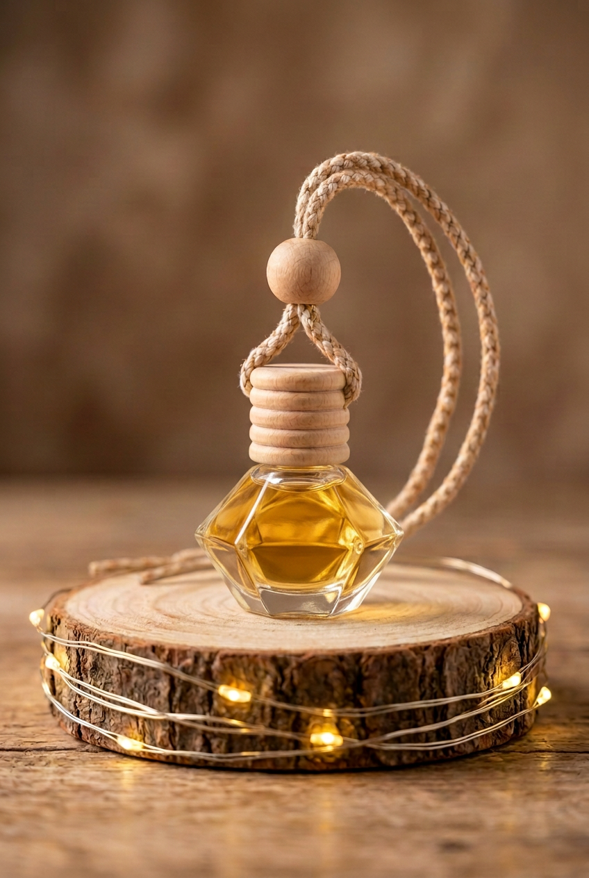 « Suspension parfumée pour voiture Fleur d’Oranger, flacon en verre facetté avec bouchon en bois, debout sur un rondin entouré d’une guirlande allumée. »