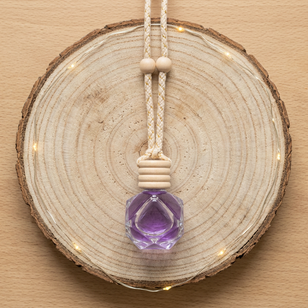 Suspension Lilas posée à plat sur un rondin, avec son flacon violet, son bouchon en bois et son cordon à deux perles, vue du dessus.